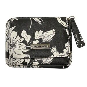 Tahari Women's Trifold Wallet Floral Black & White with Zipper Pouch & ID Window